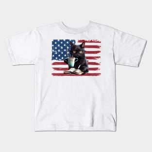 Black cat reading books 4th of july Kids T-Shirt